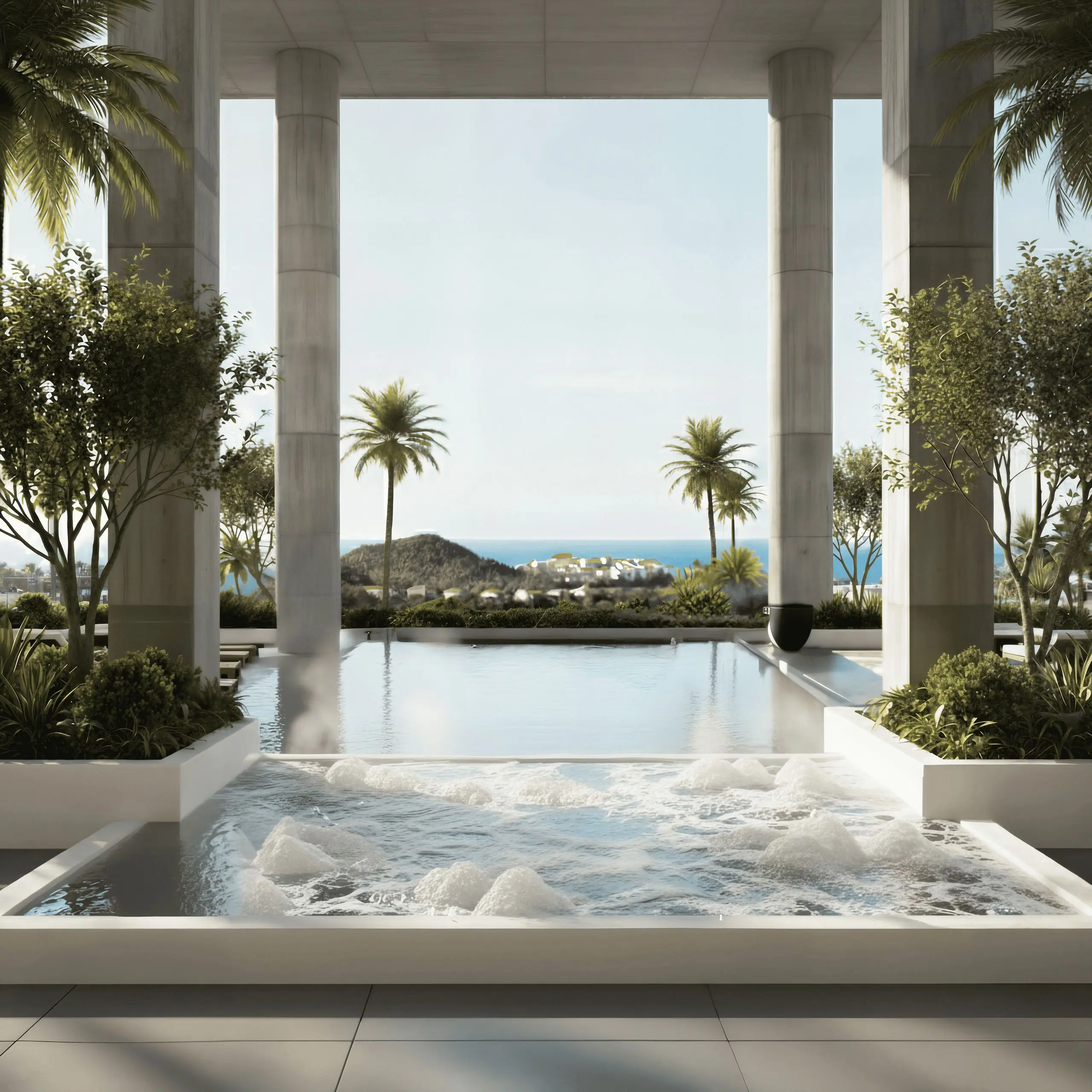 Render de la alberca infinita proyectada de Kumo Living