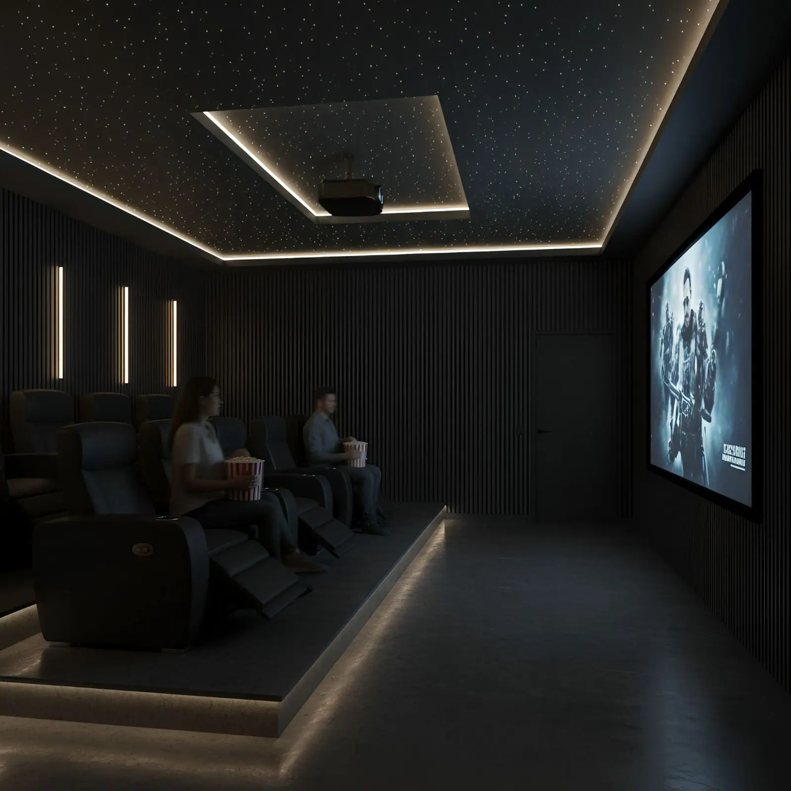 Render de la sala de cine con butacas reclinables