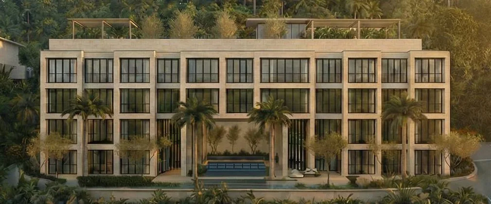 Render de la fachada de Kumo Living: edificio de cuatro niveles color piedra, alberca al centro y selva alrededor