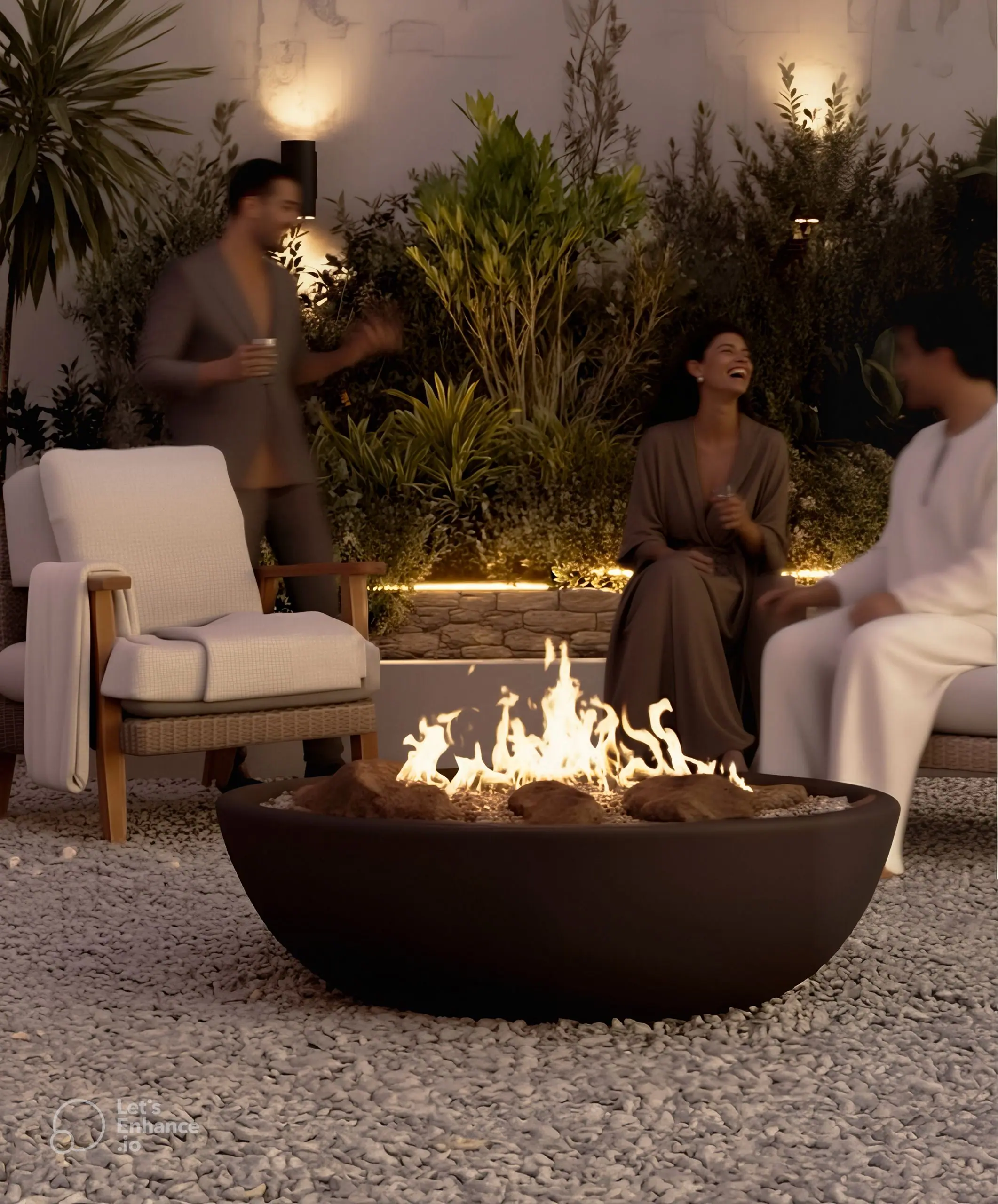 Rendering of the fire pit at night with residents around it