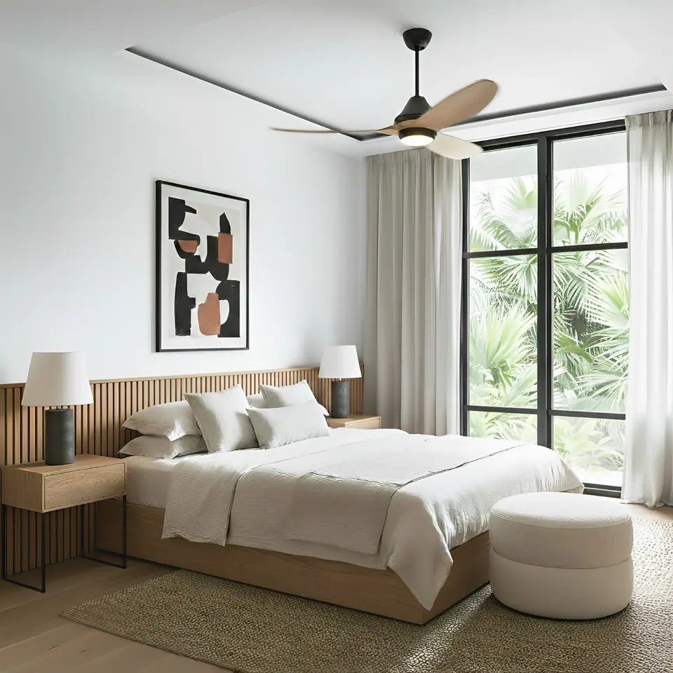 Render de una recámara de Kumo Living con vista a la selva