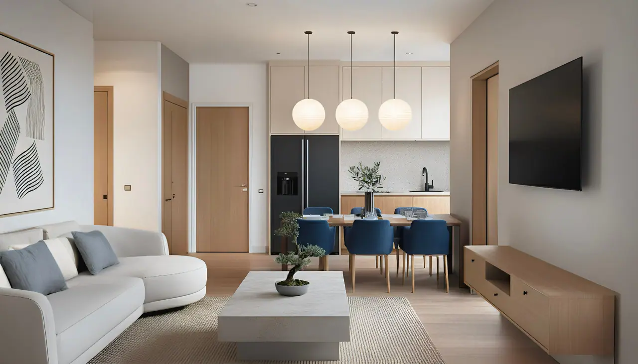 Rendering of the living, dining and kitchen area of a Kumo Living residence