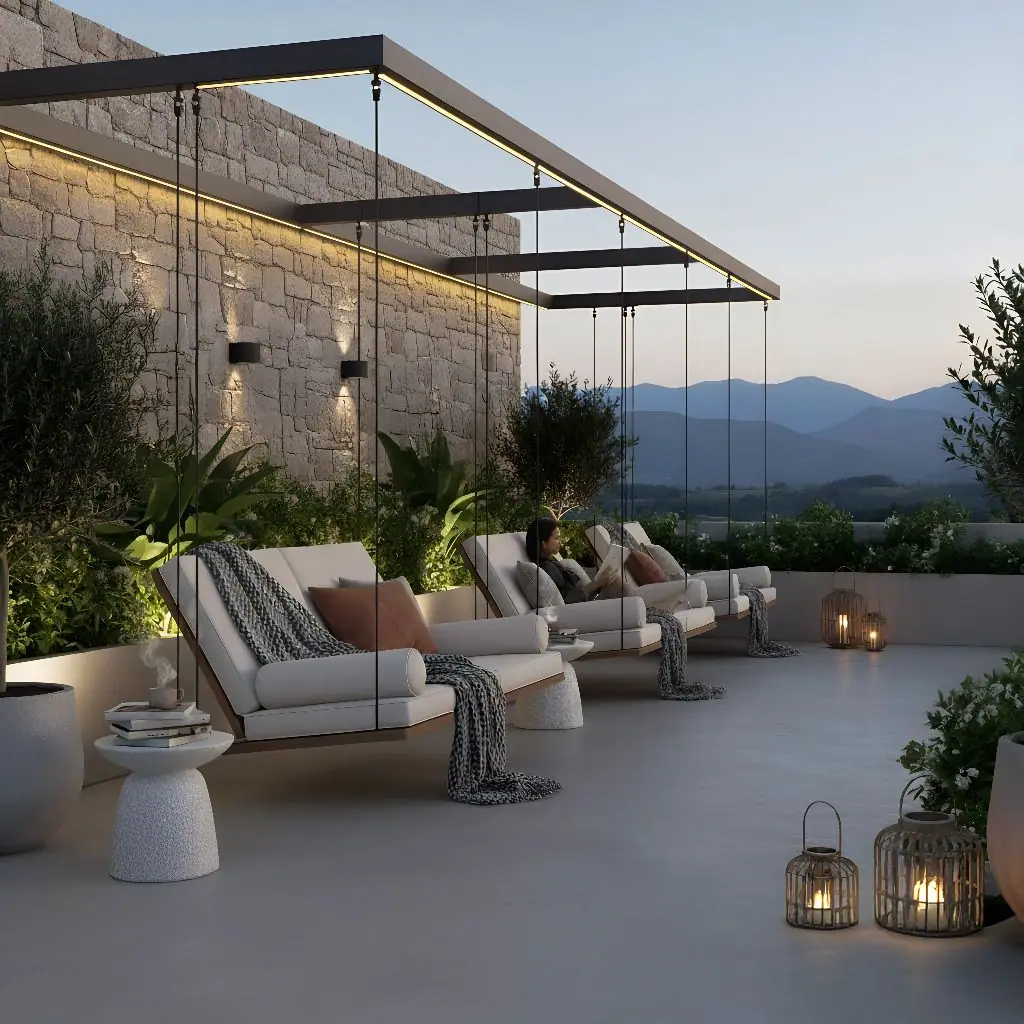 Rendering of the lookout with hanging hammocks at sunset