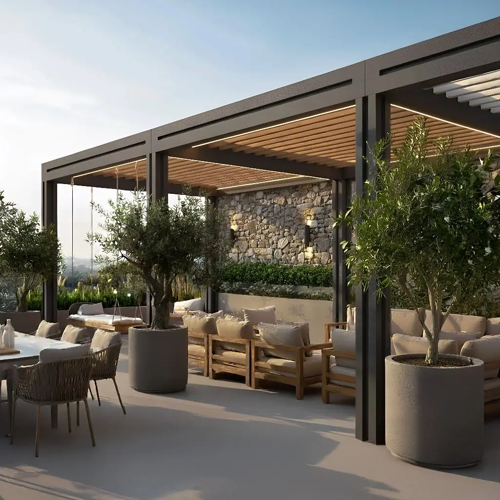 Rendering of the rooftop with a pergola, lounges and mountain views