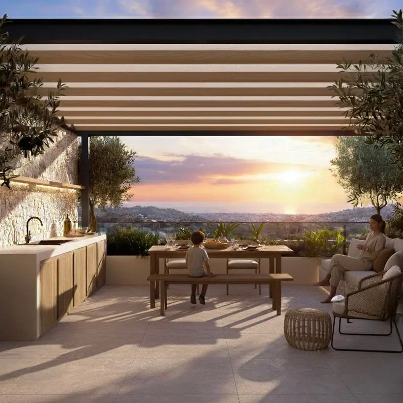 Render de la terraza privada del penthouse Seki al atardecer